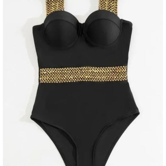 Black Push Up One Piece Swimsuit Sz XL Gold Sequin Wide Strap PUSHUP Padded Luxe - Picture 1 of 16
